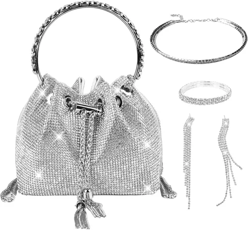 QZUnique Bolso de cubo de diamantes de imitaciónlentejuelas con conjunto de joyas para mujer, bolso de noche plateado brillante con purpurina para
