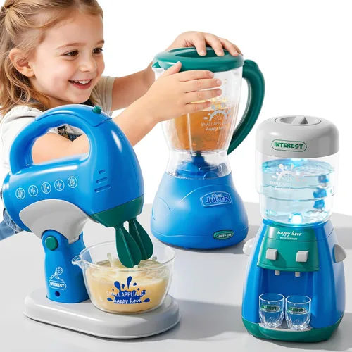 PEADUCK Juego de electrodomésticos de cocina 3 en 1 para niños, juguetes de simulación con licuadora, mezcladores, dispensador de agua, sonidos y