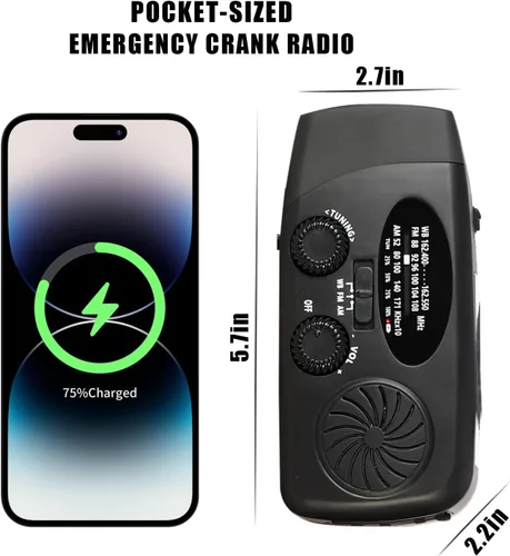 Miniatura 9 de Radio meteorológica NOAA con manivela solar de emergencia con AM/FM, cargador de teléfono USB de 2000 mAh y 3 linterna LED, alarma SOS para Negro