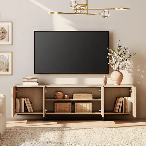 Miniatura 4 de WAMPAT Soporte moderno para TV de 32-75 pulgadas, centro de entretenimiento de madera con gabinetes de almacenamiento, mesa de consola de TV