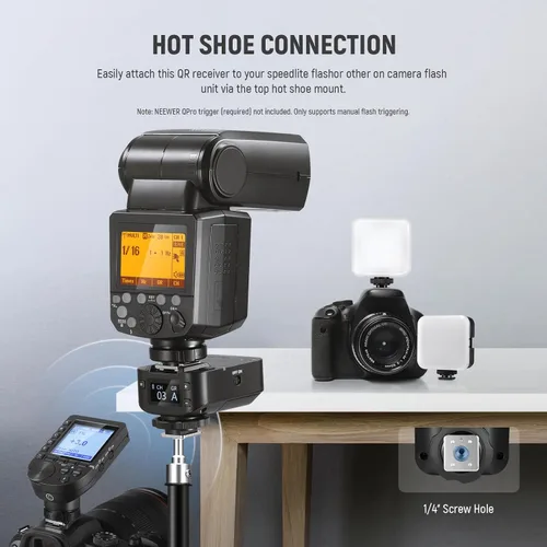 Miniatura 3 de NEEWER Receptor flash inalámbrico QR 2.4G para NEEWER QPRO-C, QPRO-N, QPRO-S, contacto único con puerto de sincronización de 0.098 in, zapatos