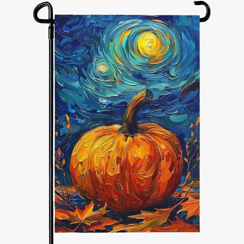 Miniatura 17 de Bandera de jardín de Halloween, bandera de jardín de calabaza Van Gogh, banderas de jardín, artes, cielo nocturno estrellado, luna, bandera