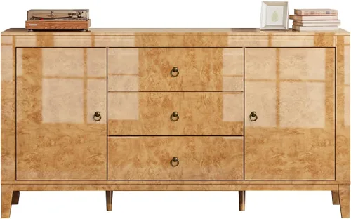 Miniatura 8 de LUXOAK Aparador Buffet de Madera Burl de Alto Brillo de 60'' Mesa Buffet con 3 Cajones y 2 Almacenamientos Cerrados, Aparador Moderno de Mediados