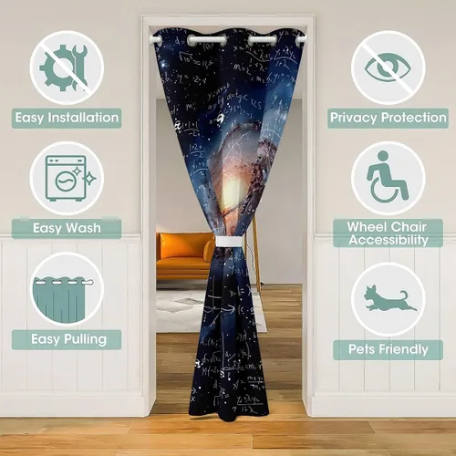 Miniatura 3 de Feelyou Cortina de puerta con ecuación matemática, privacidad, 1 panel, 34 x 80 pulgadas, espacio exterior, galaxia, 30% a 50% opaco, aislamiento