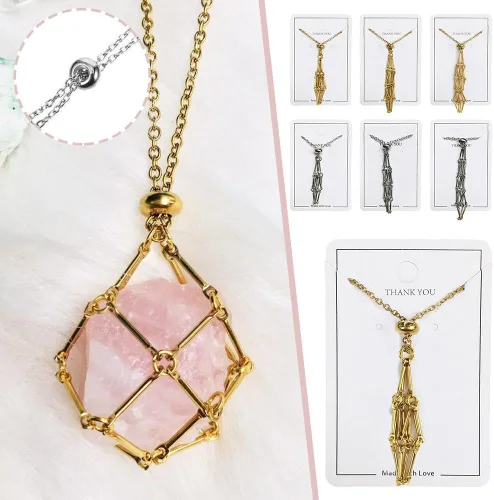 Miniatura 6 de Collar con soporte de piedra de cristal, Collar de jaula de cristal ajustable, Collar de red de metal ajustable, Collar colgante de malla de cadena