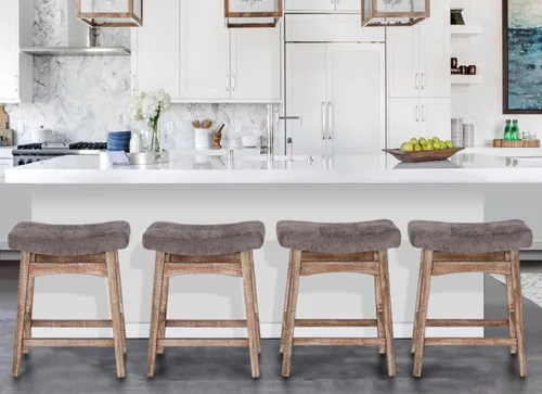 Miniatura 36 de ALPHA HOME Taburete de bar, taburete de cocina de silla de montar de madera maciza con cojín de tela de lino beige, taburete de bar de altura