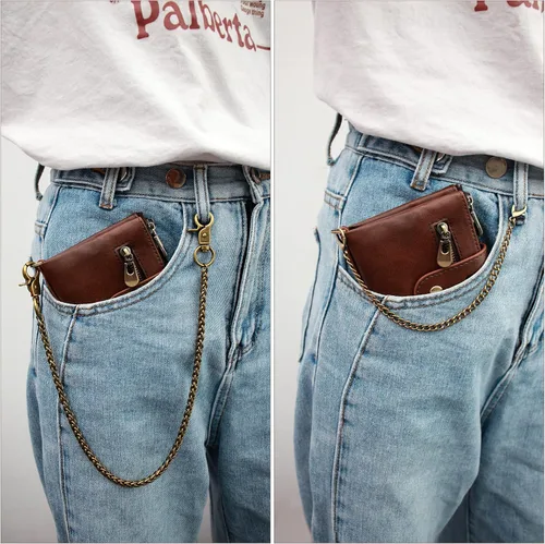 Miniatura 6 de iSamzan Billeteras de cuero para hombre, con bloqueo RFID, con doble cremallera, bolsillo para monedas con cadena antirrobo, carteras