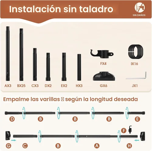 Miniatura 6 de SUNALLY Separador de Habitación Barra de Cortina Sin Perforación Divisor de Pared para Separación de Habitaciones, 4-10 pies(A) 28-114 pulgadas(An)
