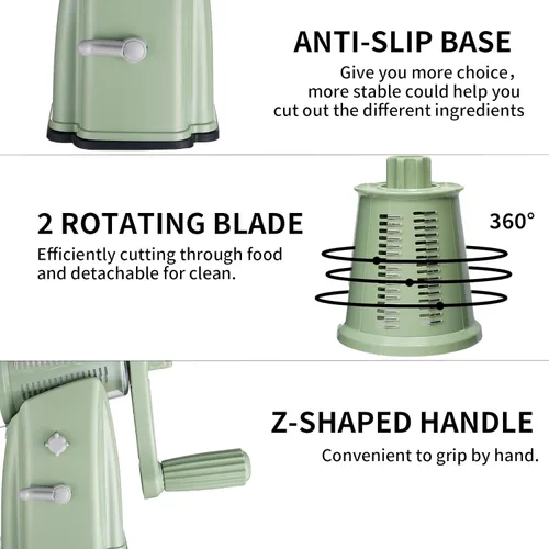 Miniatura 5 de Rallador rotativo de queso mejorado con asa, base de succión fuerte, rebanador giratorio multiusos con 5 cuchillas intercambiables para hielo, Verde