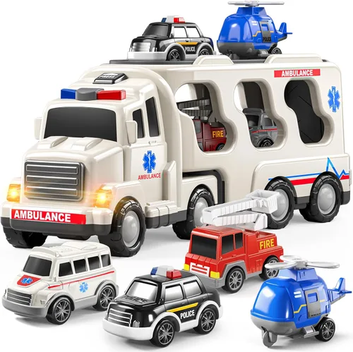 TEMI Paquete de 5 Vehículos de Ambulancia Camiones de Juguete para Niños Pequeños de 3 4 5 6 Años, Autos Impulsados por Fricción con Helicóptero de