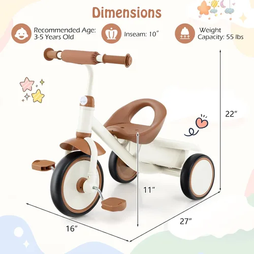Miniatura 8 de HONEY JOY Triciclo, triciclo para niños de 3 ruedas con asiento ajustable, cesta de almacenamiento extraíble, triciclo para niños de 3 a 5 años