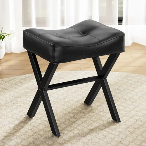 Memobarco Taburete de tocador de cuero de 18 pulgadas, banco de tocador con patas en X de metal, taburete otomano con asiento acolchado grueso,
