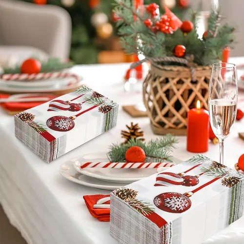 Miniatura 4 de AnyDesign Paquete de 100 servilletas de Navidad para invitados, bola colgante de Navidad, patrón de cono de pino, servilletas de papel desechables