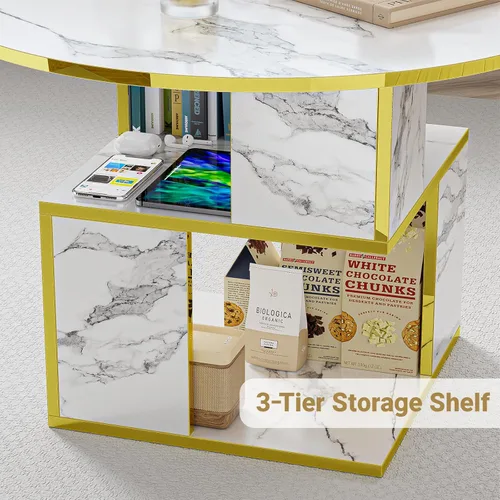 Miniatura 4 de Elephance Mesa de centro redonda con almacenamiento, mesa de centro de 3 niveles para sala de estar, mesa de madera, mármol blanco con marco dorado