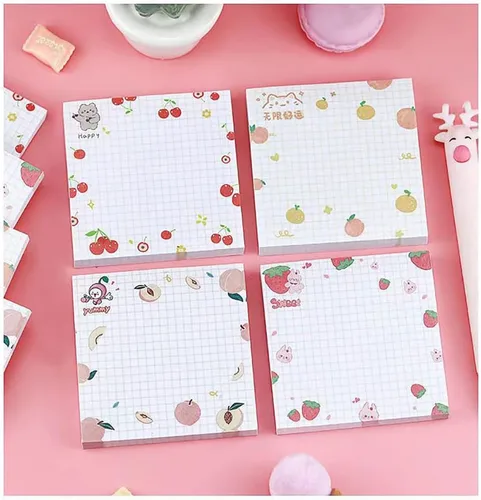 Miniatura 3 de 4 paquetes de notas adhesivas bonitas Notas adhesivas kawaii para memos, 3.1x3.1 pulgadas, notas adhesivas coloridas con frutas para niñas