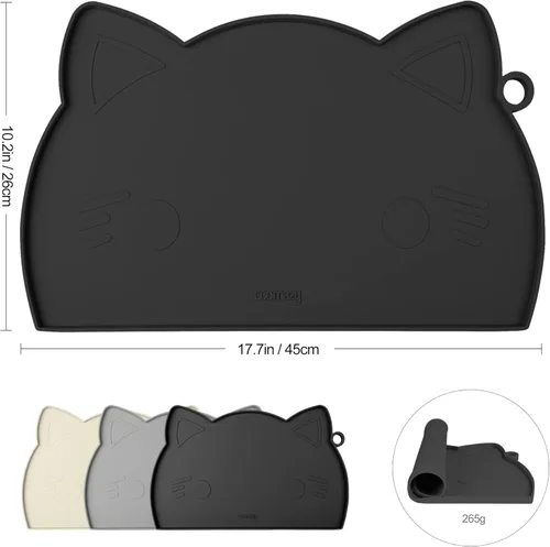 Miniatura 2 de Coomazy Tapete de comida para gatos, tapete de alimentación para perros más grueso para alimentos y agua, tapete de silicona antideslizante Negro