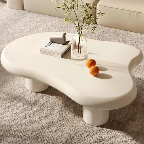 Miniatura 8 de Mesa de centro en forma de nube de 46.06 pulgadas, moderna mesa de centro blanca con borde redondo con 3 patas de soporte resistentes y mesa de 3.14