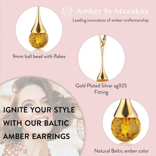 Miniatura 4 de Aretes de ámbar para mujer - Cuenta de bola con plata esterlina ag925 chapada en oro, cierre seguro con cierre de palanca en la parte trasera