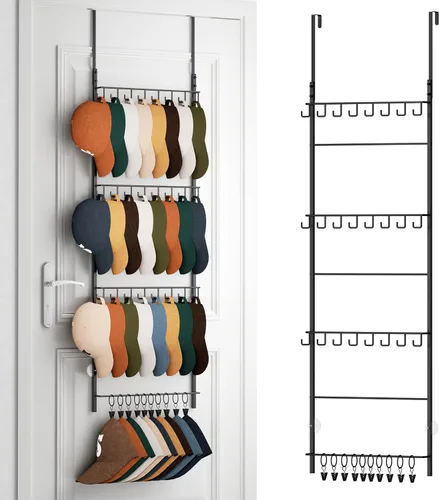 Miniatura 9 de HapiRm Perchero para Puerta - Organizador de Sombreros de 3 Niveles Montado en la Pared con 16 Ganchos y 10 Clips Móviles, Organizador de Sombreros