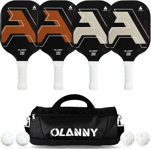 OLANNY Juego de paletas de pickleball de grafito, raquetas de primera calidad, cara de fibra y polímero de núcleo de panal de abeja, incluye paletas
