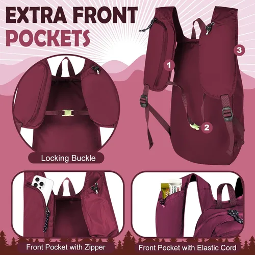 Mochila plegable ultraligera y delgada de 12 litros, pequeña mochila de senderismo plegable, bolsa de viaje, resistente al agua para hombres y Rojo