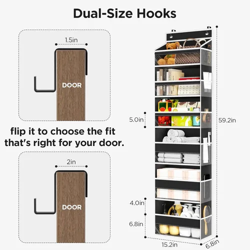 Miniatura 3 de Mefirt Organizador para colgar sobre la puerta, 6 estantes para colgar en la puerta con 6 bolsillos de gran capacidad, estantes colgantes para Negro
