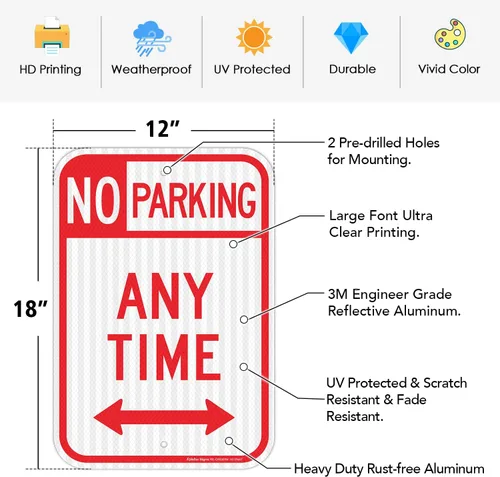 Miniatura 2 de Paquete de 2 letreros con flechas de "No estacionar en cualquier momento", 18 x 12 pulgadas, láminas reflectantes de grado ingeniero, aluminio libre