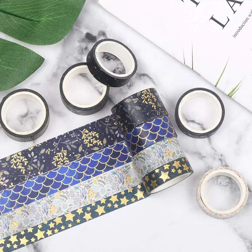 Miniatura 6 de CCINEE Cinta Washi de lámina dorada negra, cintas de enmascarar decorativas florales para diario de viñetas, álbumes de recortes, planificador
