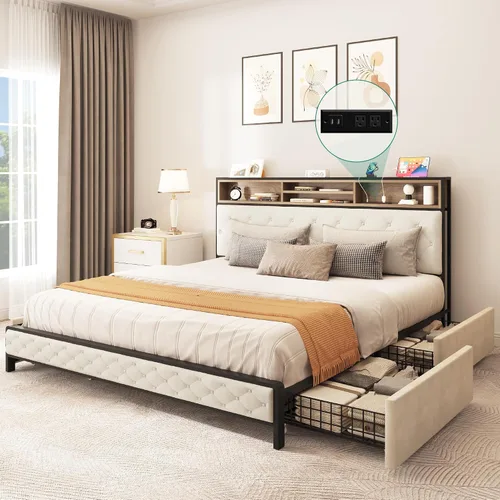Miniatura 9 de YITAHOME Base de cama de plataforma tamaño Queen con cabecera de 45.2 pulgadas de alto, cabecera de almacenamiento tapizada con estación de carga