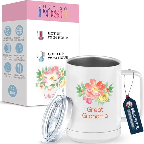 Miniatura 18 de Just So Posh Abuela Flowers - Vaso de café con asa y tapa deslizante, color blanco de 15 onzas, color camello polar, acero inoxidable, aislado al