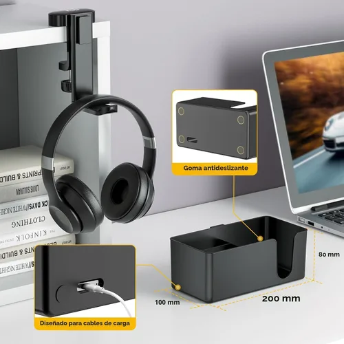 Miniatura 4 de KDD Soporte para tazas de escritorio 4 en 1 - Abrazadera para debajo del escritorio para auriculares - Soporte giratorio para auriculares con Negro