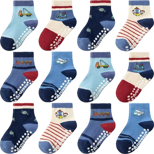 Miniatura 29 de Calcetines con Agarre Antideslizantes de Algodón para Bebés y Niños Pequeños, Niños y Niñas, Paquete de 12 Calcetines de Tobillo Lindos para Niños