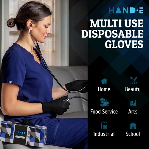 Miniatura 6 de Hand-E Touch Black Nitrile Disposable Gloves -BBQ, Tattoo, Hair Dye, Cooking, Mechanic Gloves - Powder and Latex Free