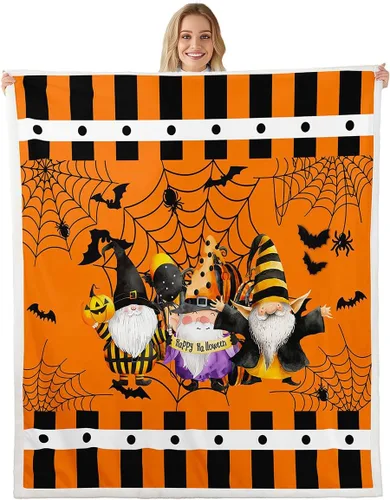 Manfei Manta con temática de gnomos lindos de Halloween para decoración de habitación de niños y niños, manta de tela de araña negra, manta de