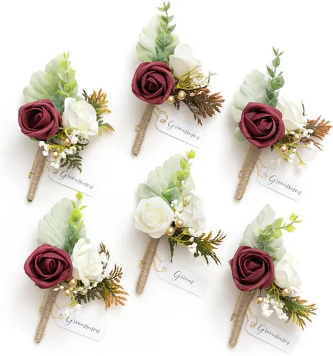 Miniatura 57 de Ling's Moment Boutonniere para Hombres Boda, Juego de 6, Novio y Padrinos Boutonniere para Boda Regreso a Casa Halloween Ceremonia Aniversario, Cena
