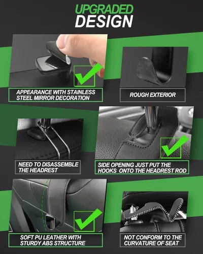 Miniatura 2 de Gancho para reposacabezas de asiento de automóvil, paquete de 2 ganchos de cuero para bolsos y bolsas para colgar accesorios de organización de Negro