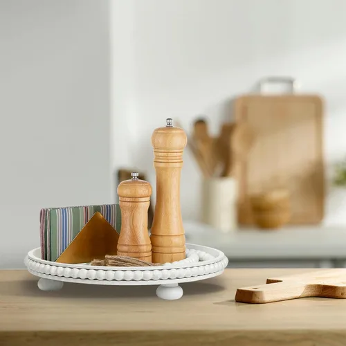 Miniatura 3 de Bandeja redonda de madera blanca de 12 pulgadas con guirnalda de cuentas de madera para decoración del hogar, bandeja decorativa para decoración