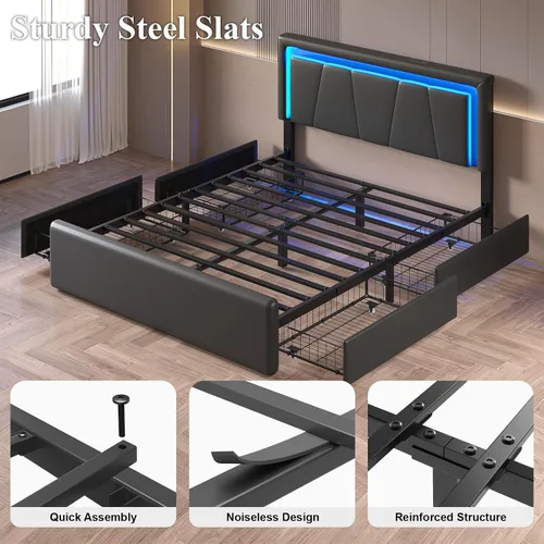 Miniatura 7 de LoVinson Base de cama tamaño completo con 4 cajones de almacenamiento, camas de plataforma de metal con cabecera ajustable, estación de carga Negro