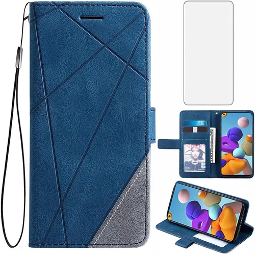 Asuwish Compatible con Samsung Galaxy A21S - Funda tipo cartera y protector de pantalla de vidrio templado, funda de cuero con tapa para tarjetero,