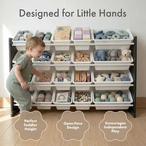Miniatura 2 de Humble Crew Organizador de juguetes extra grande con 20 contenedores de plástico – Estantería de almacenamiento blanco/espresso con estantes de 4