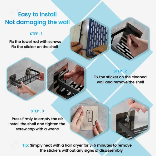 Miniatura 8 de Paquete de 2 organizadores de ducha adhesivos, estantes de ducha de aluminio negro inoxidable con barras de toalla y ganchos, organizadores de baño