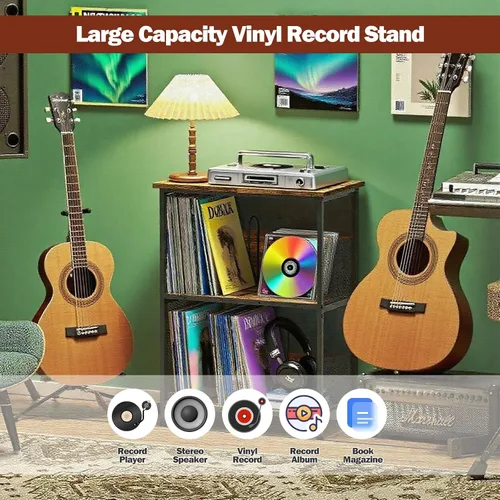 Miniatura 4 de Soporte para tocadiscos, soporte para discos de vinilo de 3 niveles, soporte giratorio con 2 separadores y 4 pies ajustables, mesa para tocadiscos
