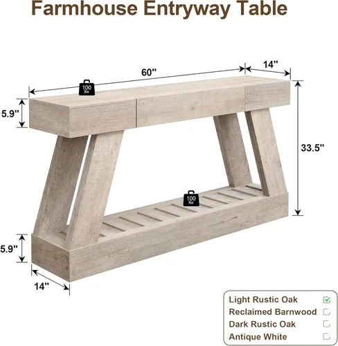 Miniatura 2 de Mesa de entrada de granja de 60 pulgadas con cajón, mesa de vestíbulo de madera con base resistente (roble rústico claro)