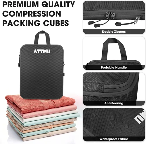 Miniatura 5 de Juego de 8 cubos de embalaje de compresión, cubos de embalaje expandibles para accesorios esenciales de viaje, bolsas de compresión de viaje