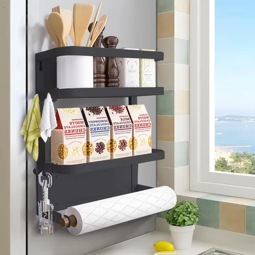 Estante magnético para especias para refrigerador, soporte magnético para toallas de papel para refrigerador, estante magnético, organizador