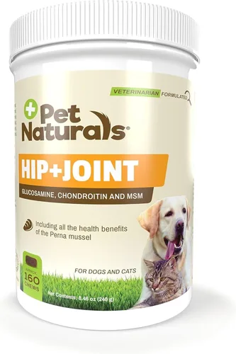 Pet Naturals Suplemento de cadera y articulaciones con glucosamina, condroitina y MSM para perros y gatos, sabor a pato, 160 masticables