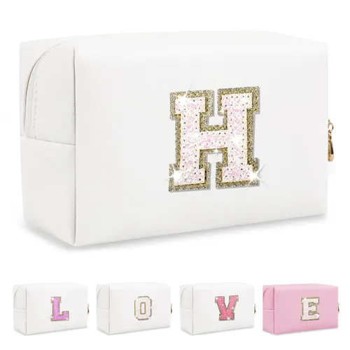 Miniatura 59 de Pequeña bolsa de maquillaje personalizada con inicial A-Z Preppy Patch, bolsa de cosméticos de viaje de felpilla blanca con cremallera, bonita bolsa