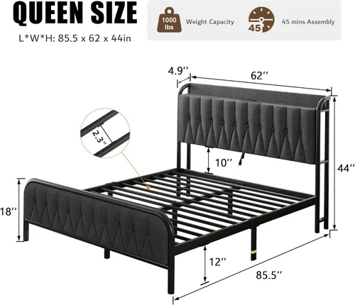 Miniatura 2 de iPormis - Base de cama metálica tamaño Queen con estación de carga, cabecero y estribo tapizados en terciopelo, soporte de acero resistente, 30 cm
