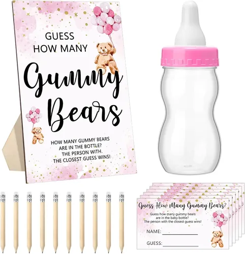 Miniatura 8 de Qilery 122 Piezas Juegos de Baby Shower Adivina Cuántos Osos 100 Tarjetas de Adivinanzas 20 Lápices 1 Botella 1 Cartel de Madera en Pie