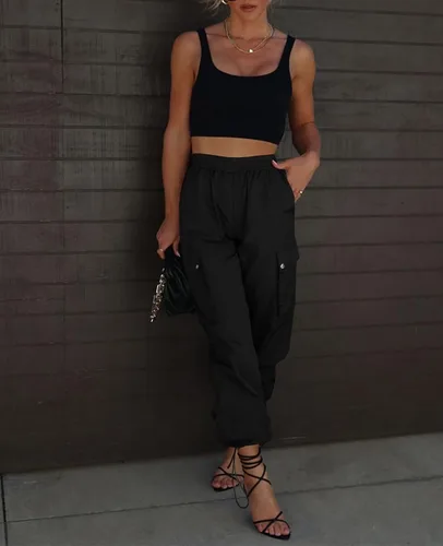 Miniatura 4 de Pantalones de paracaídas para mujer, cintura alta elástica, pantalones cargo Y2K holgados con 4 bolsillos